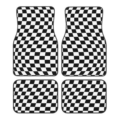 Generic Car Foot Mat Black and White Checkered Distortion Non-Slip Carpet Mats for Cars & Trucks,Decorative Front & Rear Vehicle Foot Rugs,4-Piece Car Floor Mat Set