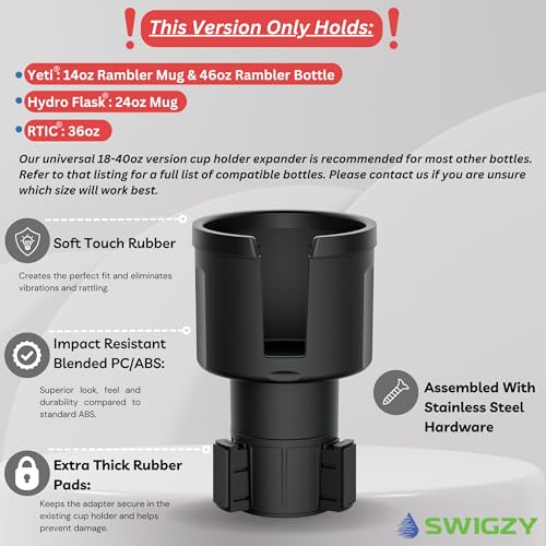 Swigzy Extra Wide Car Cup Holder Expander - Made for Yeti 14oz & 46oz Rambler, Hydro Flask 24oz Mug, RTIC 36oz Bottles - Adapter Insert Extender Expandable and Adjustable - color: Black, size: Holds Yeti 14 & 46 oz