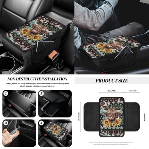 Wanyint Aztec Highland Cow 14-Pack Car Seat Cover Set, Including Steering Wheel, Auto Seatbelt Pads, Cup Coasters, Trash Can, Rear View Mirror Cover, Armrest, Gear Shift Knob - color: Aztec Highland Cow Sunflower