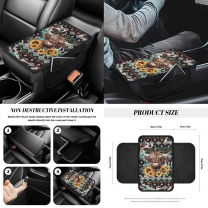 Wanyint Aztec Highland Cow 14-Pack Car Seat Cover Set, Including Steering Wheel, Auto Seatbelt Pads, Cup Coasters, Trash Can, Rear View Mirror Cover, Armrest, Gear Shift Knob - color: Aztec Highland Cow Sunflower