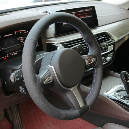 MEWANT Hand-Stitched Steering Wheel Cover for BMW (M Sport) F22 F23 F30 F34 F32 F33 F36 F10 F07 F12 F13 F06 F39 F25 F26 F15 F16, DIY Custom Fit Steering Wheel Wrap for BMW - color: 17:hive style leather + 3m thread