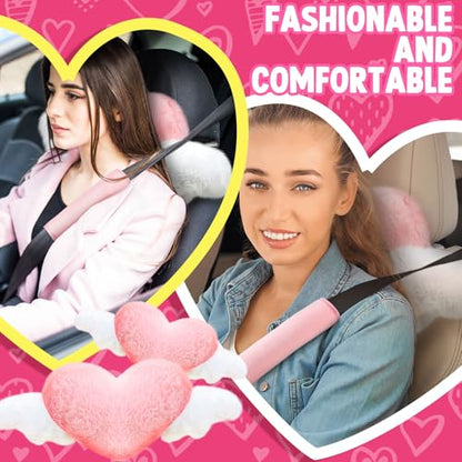 4 Pcs Car Accessories Set Include 2 Pcs Pink Heart Shaped Car Headrest Pillow with Angel Wings2 Pcs Pink Faux Fur Universal Seatbelt Cover Kawaii Soft Neck Rest Cushion for Truck SUV Decor