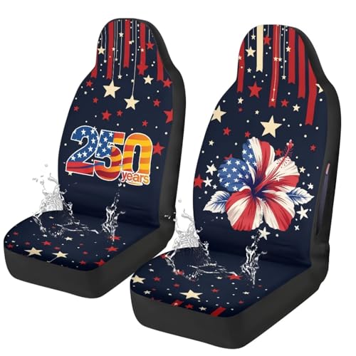 250th Anniversary Car Front Seat Cover Set of 2, Hibiscus Printed Waterproof Front Car Seat Cover Airbag Compatible, All Weather Protector, Universal Fits Auto Interior Accessories - color: Blue and Red - 250th Anniversary Hibiscus