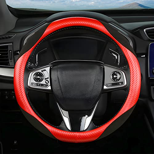 Steering Wheel Cover for Women and Men, Carbon Fiber Plush Steering Wheel Cover Soft Anti-Slip Comforting, Universal 15 Inches Steering Wheels Accessories (Carbon Fiber Red/Black) - color: Carbon Fiber Red/Black