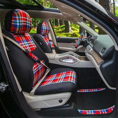 FH Group Full Set Plaid Print Cloth Car Seat Covers Combo Set with Carpet Floor Mats, Universal Fit, Washable Seat Cover for SUV, Sedan, Red - color: Red