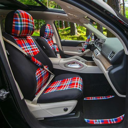 FH Group Full Set Plaid Print Cloth Car Seat Covers Combo Set with Carpet Floor Mats, Universal Fit, Washable Seat Cover for SUV, Sedan, Red - color: Red