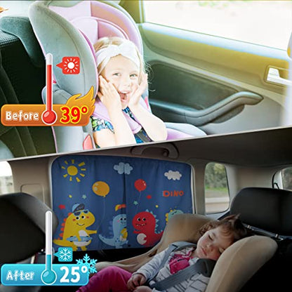 Car Window Shades, 2 PCS Magnetic Double Layer Sun Shade, Side Windows Privacy, Full Covers/Half Shade Options, Cute Dinosaurs, Compatible with Car, SUV, Minivan - color: Blue-2pcs