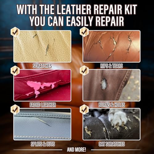Leather Repair Kit for Furniture, Couch & Car Seats – Match Any Color, Fix Tears, Cracks, Scratches & Holes, Easy Leather & Vinyl Repair
