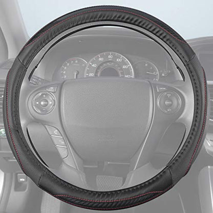BDK UltraSport Steering Wheel Cover - Perforated Microfiber Leather with Carbon Fiber Detail & Contrast Stitching Black w/Red Stitching