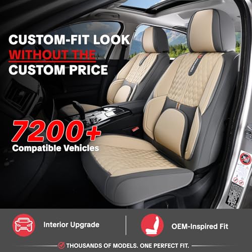 Khaki Car Seat Cover Complete Set, Universal Car Seat Cover for Car with Lumbar Support, Premium Artificial Leather, Waterproof and Easy to Clean, Airbag Compatible, Seat Heating Compatible - color: B_Khaki