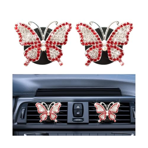 Bittwee 2PCS Bling Butterfly Car Freshener Air Vent Clips, Sparkling Crystal Rhinestone Auto Diffuser Clamps, Full Diamond Vehicle Interior Decoration Charm for Women Girls, Universal Fit（Red） - color: Red