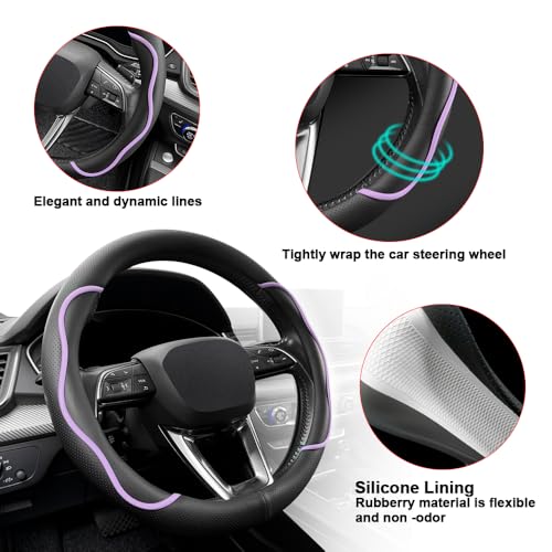 Nappa Leather Steering Wheel Cover. Stylish Striped Design, Universal fit for 14.5–15-inch Steering Wheels, Slip-Resistant and Breathable, Protects the Steering Wheel. Black and Purple - color: Black and Purple