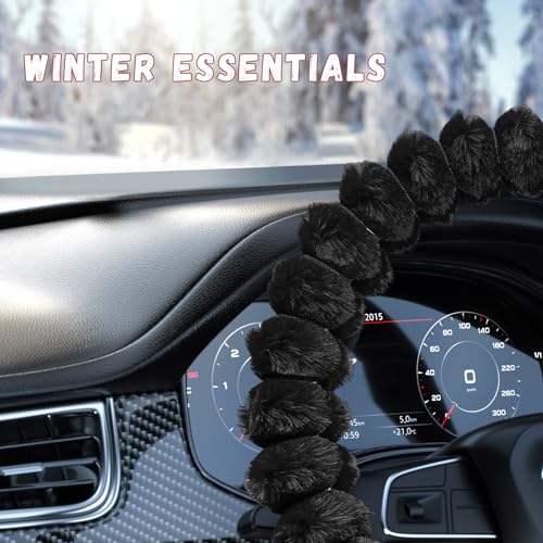 Fluffy Car Steering Wheel Cover, Soft Warm Plush Vehicle Steering Wheel Protector, 14.5-15 Inches Cute Anti-Slip Automotive Handle Cover for Women Girl, Car Accessories (Black) - color: Black