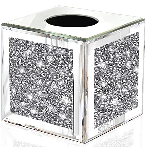 Wocred Square Mirrored Tissue Box Cover,Crystal Crushed Diamond Tissue Box,Silver Luxury Tissue Holders for Either Tissues in a Bathroom or Napkins on a Table.(5.5”x5.5”x5.5”) - color: Silver Diamond