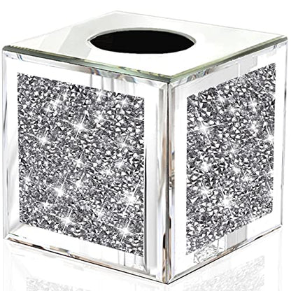 Wocred Square Mirrored Tissue Box Cover,Crystal Crushed Diamond Tissue Box,Silver Luxury Tissue Holders for Either Tissues in a Bathroom or Napkins on a Table.(5.5”x5.5”x5.5”) - color: Silver Diamond