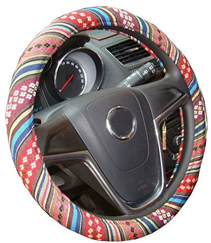 Small Ethnic Style Coarse Flax Cloth Automotive Steering Wheel Cover Anti Slip and Sweat Absorption Auto Car Wrap Cover (14''-14.25, D) - color: D, size: 14 - 14.25 inches