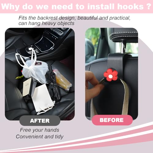 4 PCS Car Headrest Hook, Multifunctional Flower Vehicle Seat Back Storage Hook, Cute Automotive Seatback Organizer Hanger for Purse Grocery Bag Handbag, Universal Fit (Black/Red) - color: Black/Red