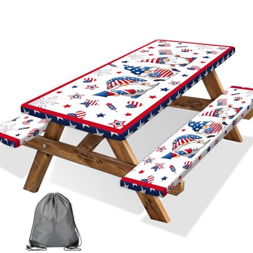 4th of July Picnic Table Cover with Bench Covers, Camping Essentials, Patriotic American Flag Gnomes Stars Table Cover Waterproof Fitted Tablecloth Cover with Elastic Edge for Outdoor 3 PCS 30x72 Inch - color: American Flag-01, size: 30" x 72"
