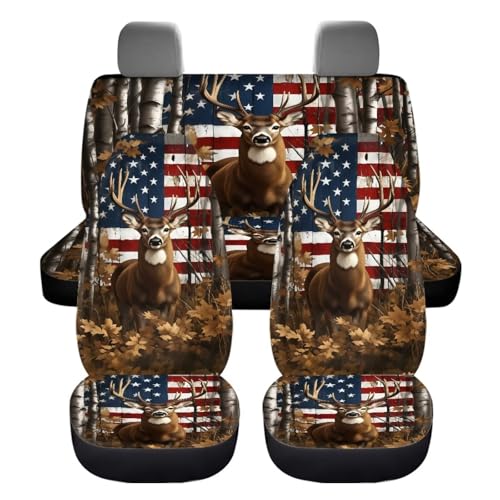 American Flag Deer Car Seat Covers Full Set for for Front and Rear 4 Pcs Auto Interior Seat Protector Animal Deer Car Accessories Foe Women Breathable Split Bench Seat Pads Dog Blanket - color: American Flag Deer