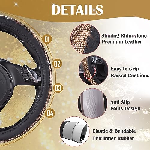 CAR PASS Bling Champagne Diamond Steering Wheel Cover, Black Leather Universal Fit 14.5-15inch Glitter Rhinestones for Women Sparkle Crystal Girly Shining for SUV,Vans,Sedan,Car,Truck, Black Champagne - color: Gold Champagne