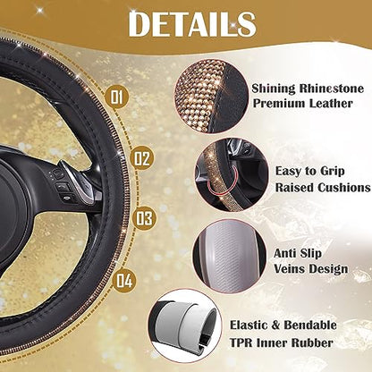 CAR PASS Bling Champagne Diamond Steering Wheel Cover, Black Leather Universal Fit 14.5-15inch Glitter Rhinestones for Women Sparkle Crystal Girly Shining for SUV,Vans,Sedan,Car,Truck, Black Champagne - color: Gold Champagne