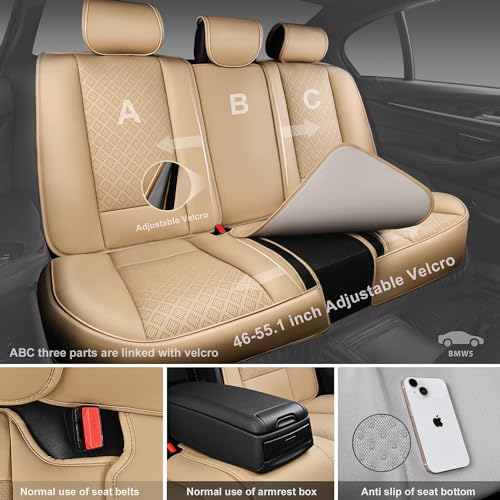 CAR PASS Nappa Leather Car Seat Covers 5 Seat, Luxury Lumbar Support, Waterproof Breathable Durable All Coverage Leatherette Seat Covers for SUVs,Pickups,Trucks,Vehicles (Full Set Solid Beige) - color: Beige