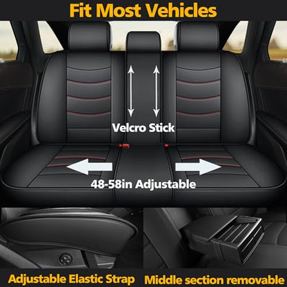 Car Seat Covers Full Set (5 Seats) Premium Nappa Leather Airbag Compatible & Pet Friendly for Sedans SUVs Trucks Heavy Duty Interior Protector for Off Road and Daily Commute Black Red
