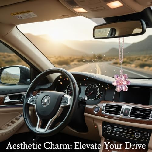 Pink Crystal Flower Car Charm for Women - Feng Shui Rearview Mirror Hanging Ornament - Crystal Bead Auto Interior Decor