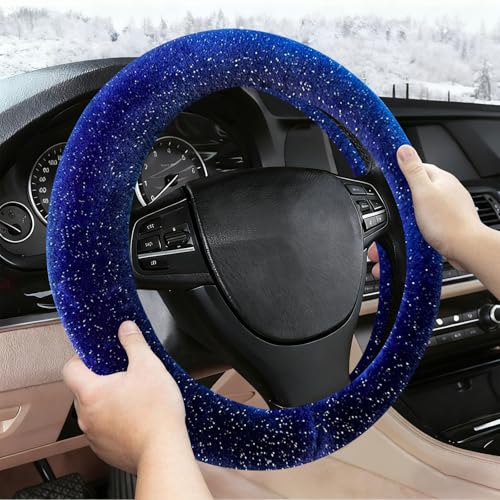 Blue Bling Starry Sky Furry Steering Wheel Cover, Universal 14.5-15 Inch Winter Plush Warm Steering Wheel Cover, Soft Fluffy, Anti-Slip Design, Soft Texture - color: Blue Starry Sky Plush
