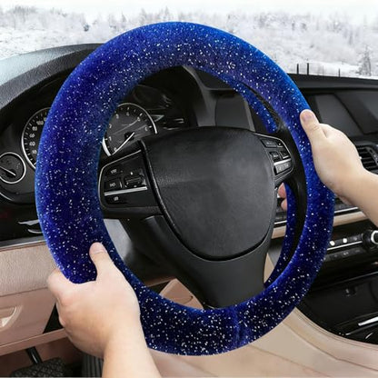 Blue Bling Starry Sky Furry Steering Wheel Cover, Universal 14.5-15 Inch Winter Plush Warm Steering Wheel Cover, Soft Fluffy, Anti-Slip Design, Soft Texture - color: Blue Starry Sky Plush