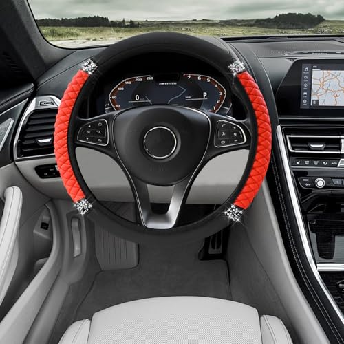 Bling Soft Leather Steering Wheel Cover, Car Wheel Cover, 15 Inch Colorful Rhinestones Auto Elastic Steering Wheel Protector, Car Steering Wheel Accessories Universal for Most Cars (Red) - color: Red