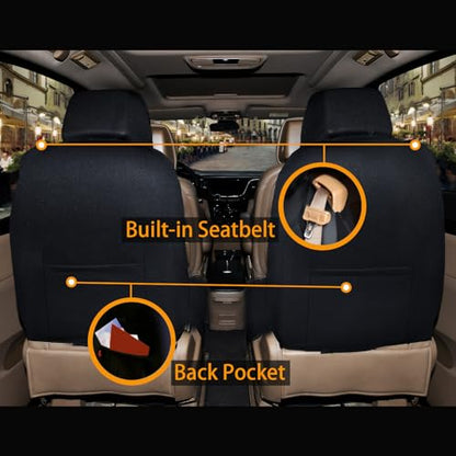 Flying Banner car seat Covers Quality Carbon Fiber Air Mesh Fabric Sport Low High Back Bucket Back Pocket Arm Rest (2 Fronts-Low Bucket-Built-in Seatbelt Compatible, Black - Faux Leather) - color: Black - Faux Leather -- Built-in Seatbelt Compatible, size