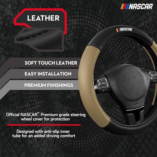 NASCAR Steering Wheel Cover, Two-Tone Beige Leather Patchwork, Universal Fit 14.5"-15.5" Steering Covers for Cars, Anti-Slip, Soft Grip, Odor-Free, Trucks & SUVs, Racing Style Interior Upgrade