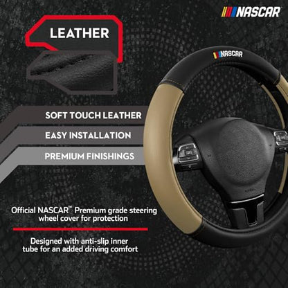 NASCAR Steering Wheel Cover, Two-Tone Beige Leather Patchwork, Universal Fit 14.5"-15.5" Steering Covers for Cars, Anti-Slip, Soft Grip, Odor-Free, Trucks & SUVs, Racing Style Interior Upgrade