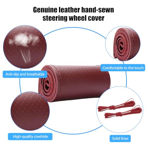 Genuine Leather Car Steering Wheel Cover, DIY Sewing Stitch on Wrap Auto Wheel Cover with Needle Thread, Breathable Anti-Slip Vehicle Steering Stitching Protector, Universal Fit (Wine Red) - color: Wine Red
