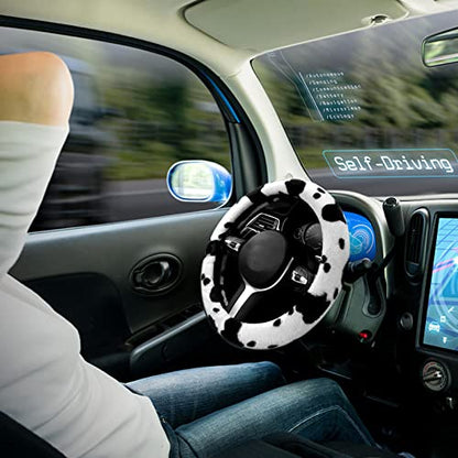 6PCS Set car Interior Aesthetic Accessories, Fluffy Cute Cows Steering Wheel Cover, armrest pad, seat Belt Cover,Gear Shift Cover, Fit Girly car - color: cows