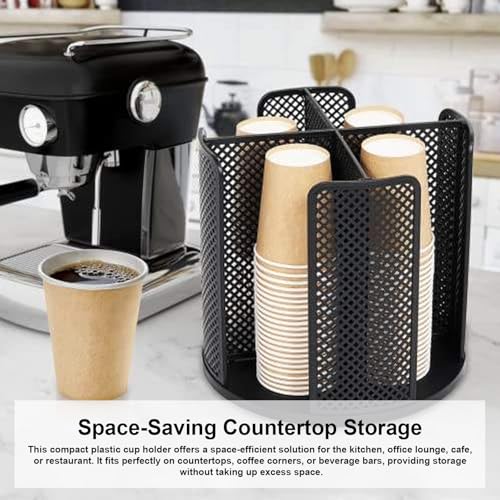 Coffee Cup Dispenser,360°Rotating Paper Cup Dispenser,Cup Holder with 4 Compartments Removable,Cup Dispenser Countertop,Disposable Paper & Plastic Cups,for Restaurant,Coffee Station,Bar,Office - color: Black