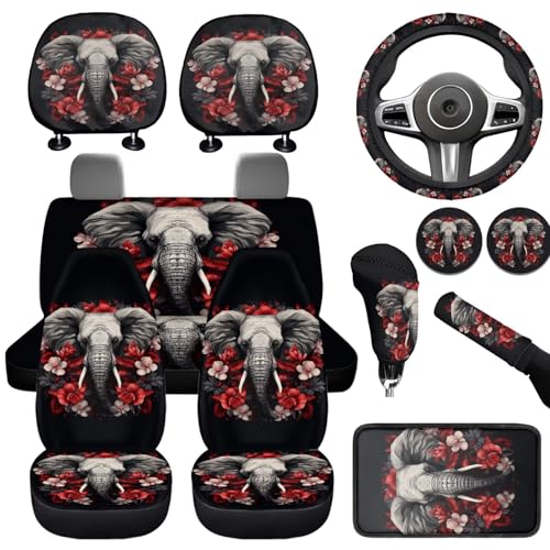 Vintage Elephant Car Rear Bench Protective Front Seat 14 Pcs Car Interior Accessories Set Animal Print Universal Steering Wheel Cover Headrest Covers Armrest Pad Cover Universal Fit - color: Vintage Elephant