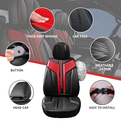 CAR PASS Nappa Leather Seat Covers, Breathable Waterproof Car Seat Covers Full Set, Luxury Leather Front and Back Seats Full Coverage, Universal Fit SUV Pick-up Truck Sedan Automotive(Black Red) - color: Black Red, size: Full Set Full Coverage
