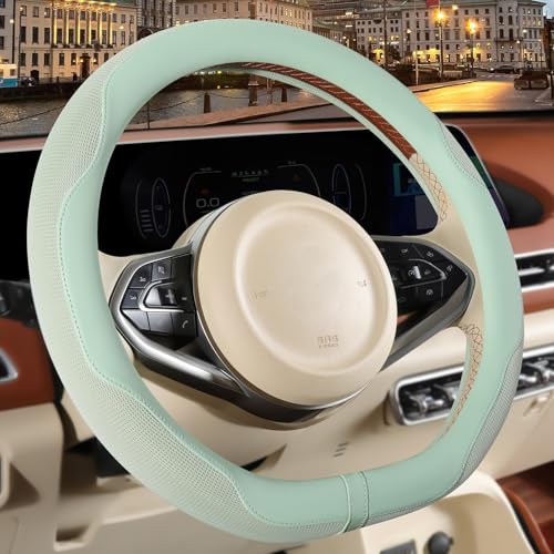 14 inch D Shaped Steering Wheel Cover for Prius Civic, Nappa Microfiber Leather Non-Slip Breathable Fabric, Warm in Winter and Cool in Summer, Green Small 13.5 inch to 14 inch - color: Green, size: D Shape-S[13.5''-14'']