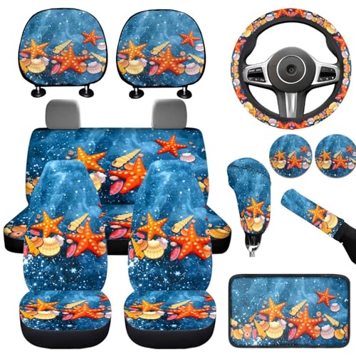 Beach Starfish 12 Pack Car Seat Covers Full Set Steering Wheel Covers Set Handbrake Gear Cover Car Accessories Set for Cars Seat Covers Fit for Truck Vans Suvs - color: Beach Starfish