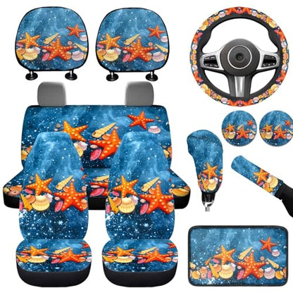 Beach Starfish 12 Pack Car Seat Covers Full Set Steering Wheel Covers Set Handbrake Gear Cover Car Accessories Set for Cars Seat Covers Fit for Truck Vans Suvs - color: Beach Starfish