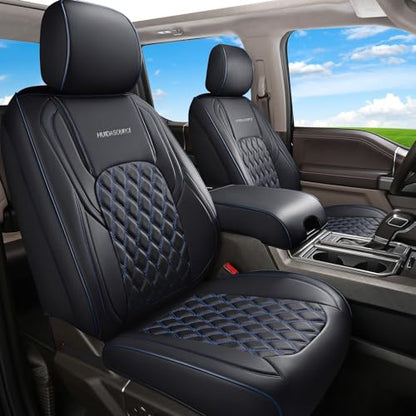 Huidasource Truck Seat Covers Fit for Chevy Silverado GMC Sierra 1500 2007-2013 & 2019-2025, 2500HD 3500HD 2020-2025 Crew Double Extended Cab Pickup Leather Car Seat Cover (Full Set/Black&Blue) - color: Black&Blue, size: Full Set 2007-2013&2019-2025 (Flat