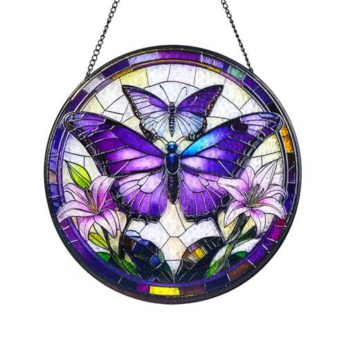 Purple Butterfly Stained Glass Window Hanging Suncatcher with Chain - 7.9" Outdoor/Indoor Art Decor for Home Garden, Wedding, Mother's, Festival, Valentine's & Christmas Ornaments Present - color: Butterfly