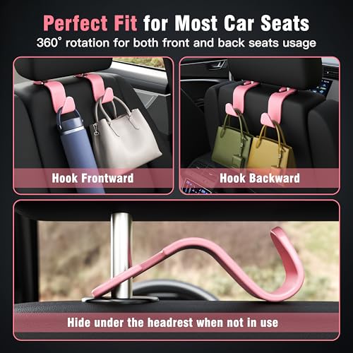 Universal Car Headrest Hooks, Car Organizer Hanger Storage Hooks for Bag Purse Cloth Grocery (Pink Set of 4) - color: Pink