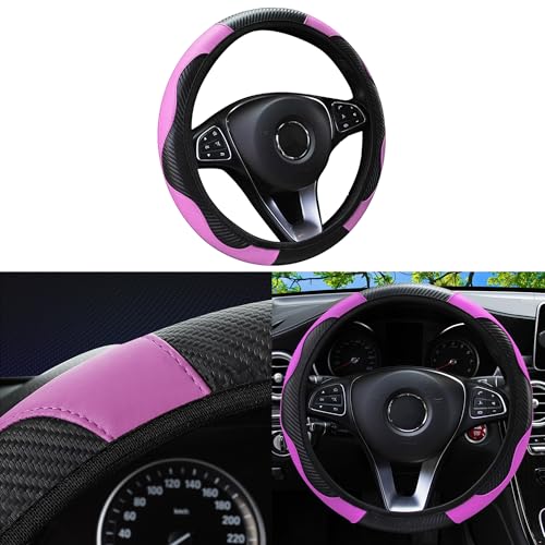 Car Steering Wheel Cover, 15 inch Carbon Fiber Microfiber Anti-Slip Breathable PU Leather Elastic Steering Wheel Protector, Car Interior Accessories for Most Cars (Pink) - color: Pink