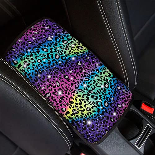 UNICEU Glitter Rainbow Leopard Car Accessories Center Console Armrest Cushion Cover Universal for Most Cars, Trucks SUV Neoprene Auto Armrest Protector Cover - color: Glitter Rainbow Leopard