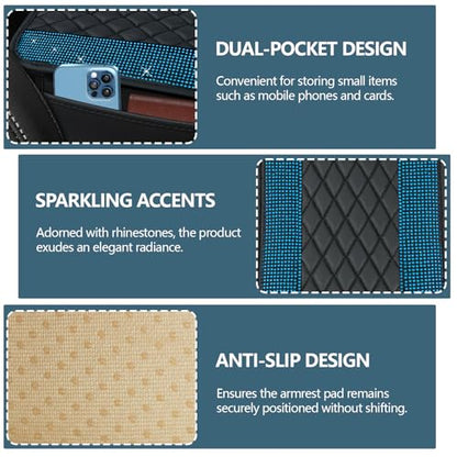 Bling Leather Car Center Console Cover, 12.2"×7.48" Crystal Rhinestone Automotive Arm Rest Cover with Side Pockets, Universal Vehicle Armrest Protector, Interior Car Accessories (Sky Blue) - color: Sky Blue
