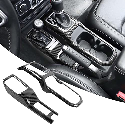 RT-TCZ Carbon Fiber Center Console Gear Shift Panel Trim Cover 4WD Four Wheel Drive Cup Holder Panel Trim Cover Decoration Interior Accessories for Jeep Wrangler JL JLU & Gladiator JT 2018-2024 - color: Carbon Fiber Grain