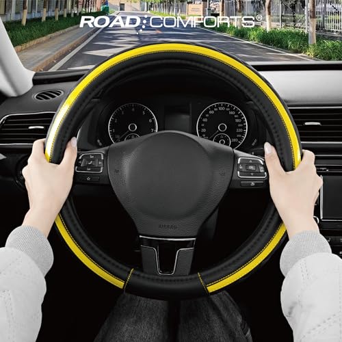 Road Comforts Leather Steering Wheel Cover – Black & Yellow, Universal Fit 14.5-15 Inch, Microfiber Leather, Anti-Slip & Breathable Design for Men and Women - color: Yellow
